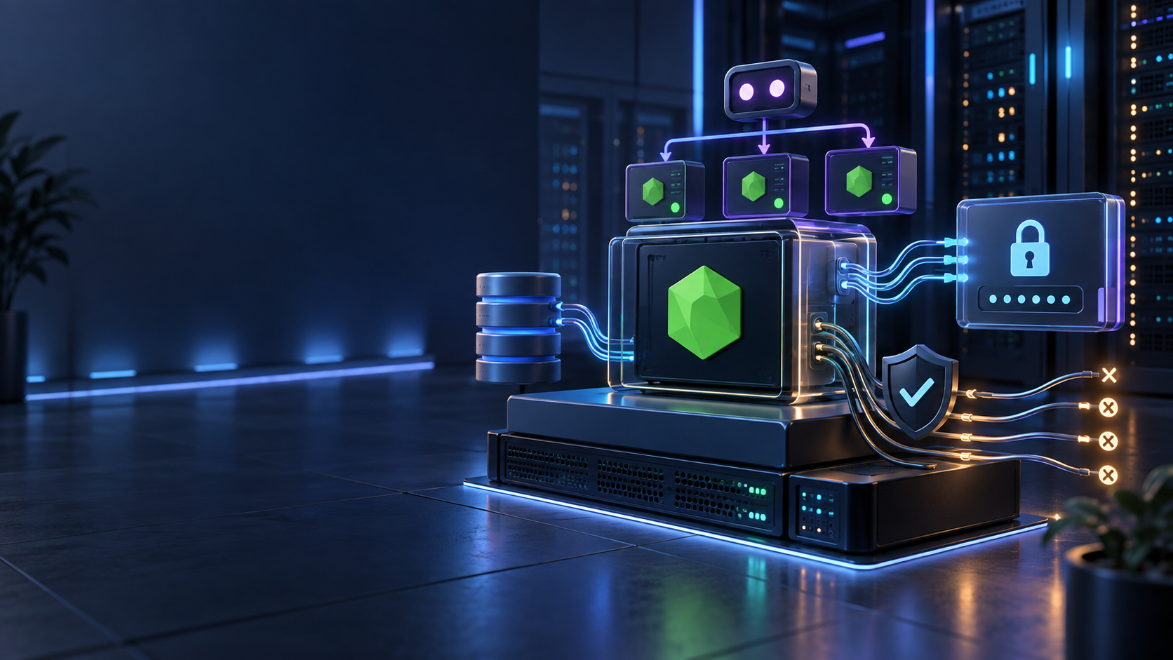 Ilustração técnica sobre Node.js em VPS: PM2, Graceful Shutdown e Variáveis de Ambiente