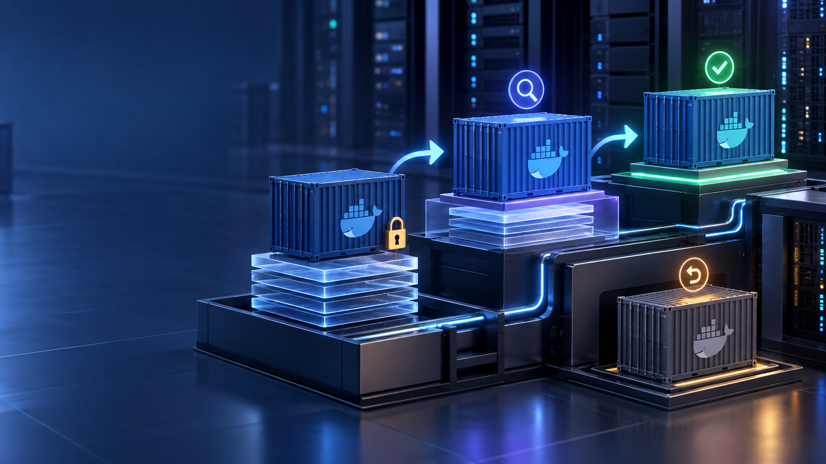 Ilustração técnica sobre Atualização de Imagens Docker: Rollback e Janela de Mudança
