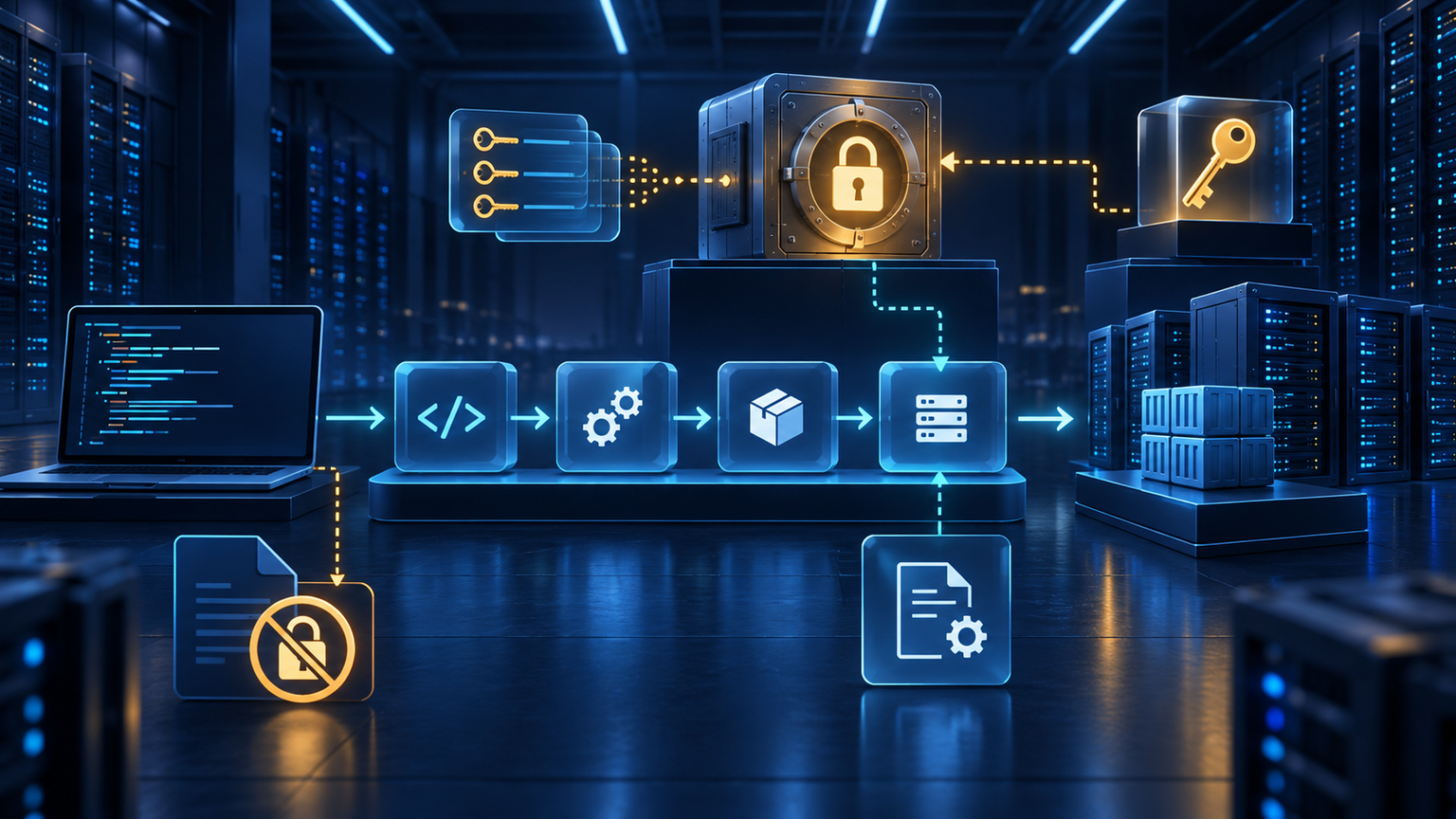 Ilustração técnica sobre Secrets com SOPS e Age: Configuração Fora do Código