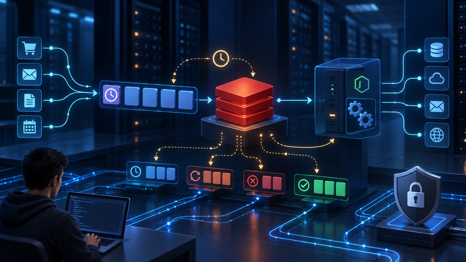 Ilustração técnica sobre BullMQ com Redis: Delayed Jobs e Idempotência