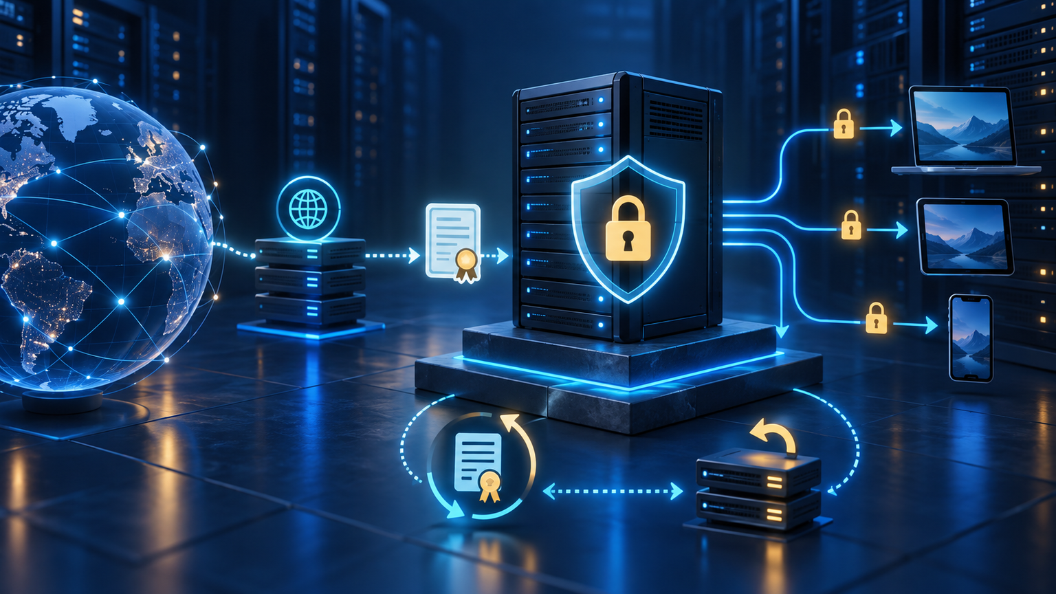Ilustração técnica sobre Caddy em VPS: HTTPS Automático com Limites Claros