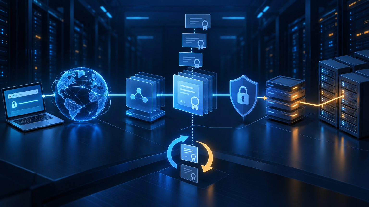Ilustração técnica sobre TLS em VPS: Renovação, HSTS e Rollback