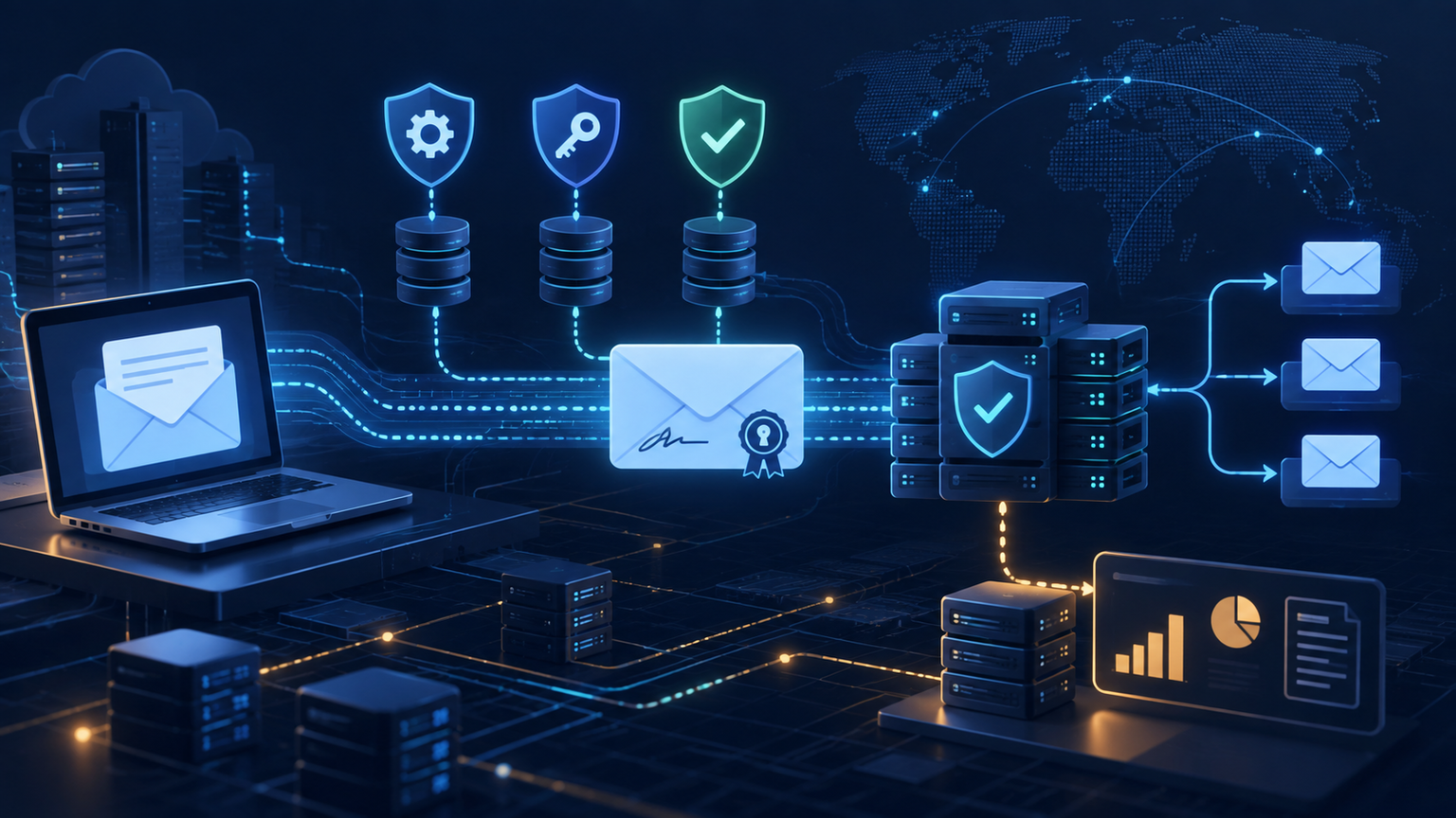 Ilustração técnica sobre SPF, DKIM e DMARC: E-mail da Aplicação