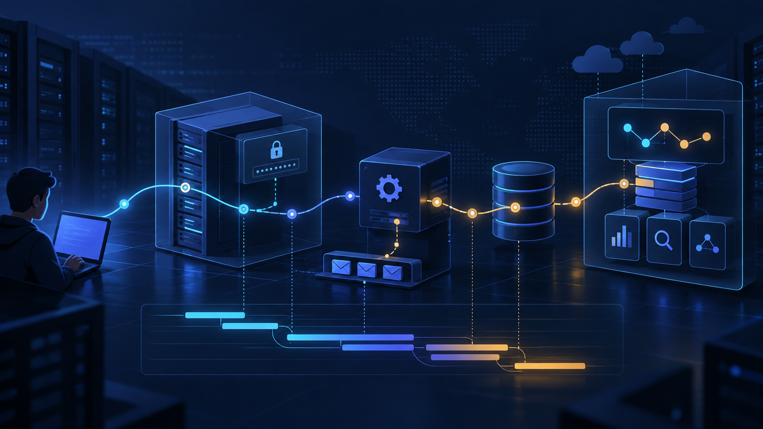 Ilustração técnica sobre OpenTelemetry em VPS: Trace sem Expor Segredos