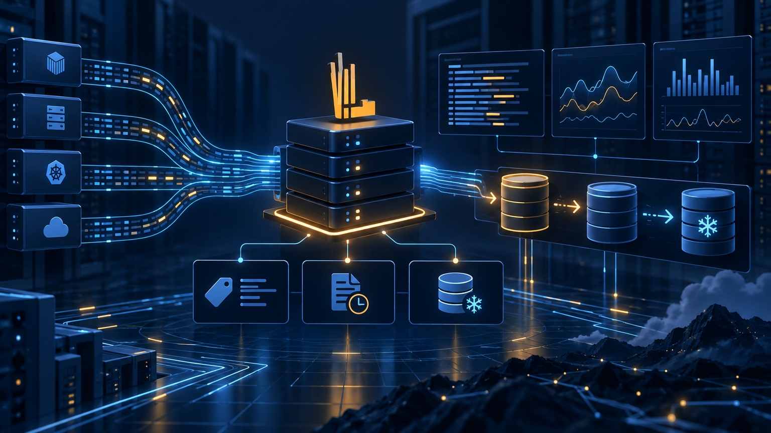 Ilustração técnica sobre Grafana Loki: Logs com Retenção Controlada