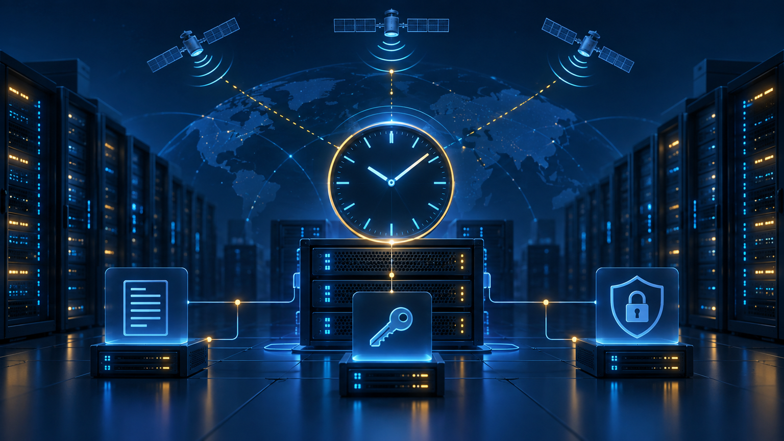 Ilustração técnica sobre NTP em Linux: Relógio Certo para Logs e Tokens