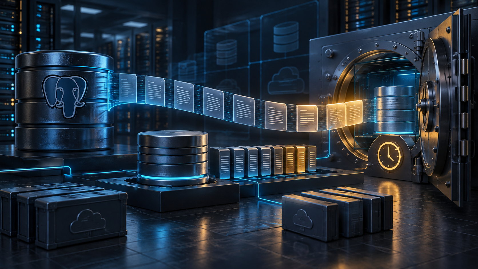 Ilustração técnica sobre PostgreSQL: PITR com WAL e Teste de Recuperação