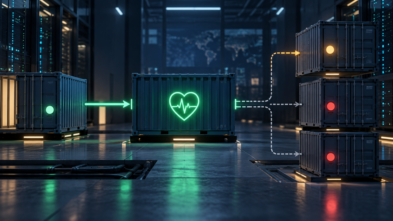 Ilustração técnica sobre Healthcheck no Docker: Diferencie Processo Vivo de Serviço Pronto