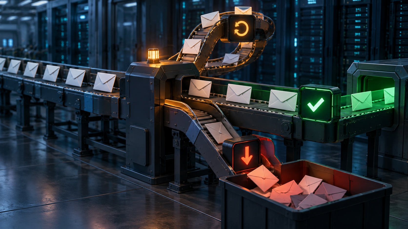 Ilustração técnica sobre Fila de E-mails: Retry, Backoff e Dead Letter sem Spam