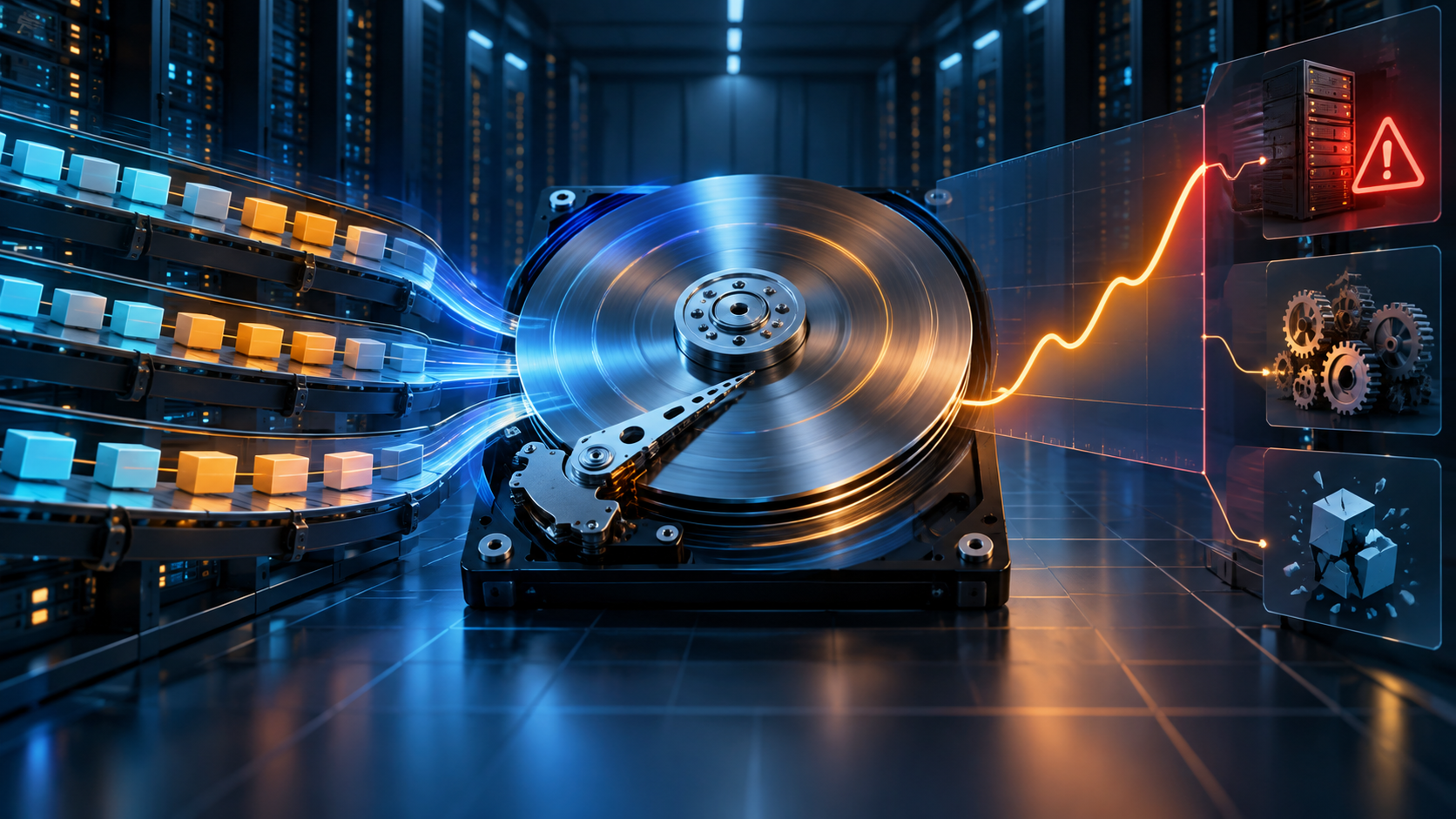 Ilustração técnica sobre Linux Disk I/O: Separe Saturação, Latência e Falha de Aplicação
