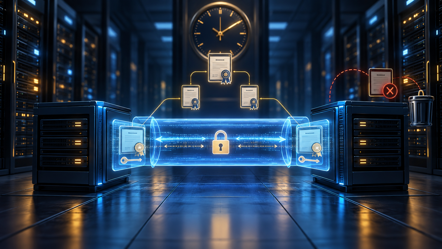 Ilustração técnica sobre TLS mTLS entre Serviços: Certificados, Relógio e Revogação